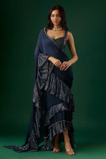 Breathe By Aakanksha Singh Augur Tiered Pre-Draped Ruffle Saree With Blouse 