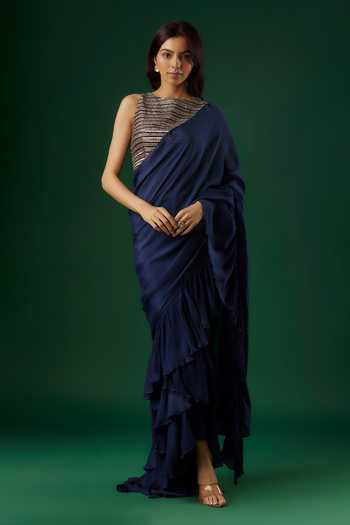 Breathe By Aakanksha Singh Cleopatra Solid Pre-Draped Ruffle Saree With Blouse 