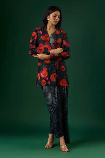 Breathe By Aakanksha Singh Magician Rose Pattern Jacket Pre-Draped Pant Saree 