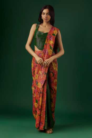 Breathe By Aakanksha Singh Prophet Printed Half And Half Pre-Draped Saree With Blouse 