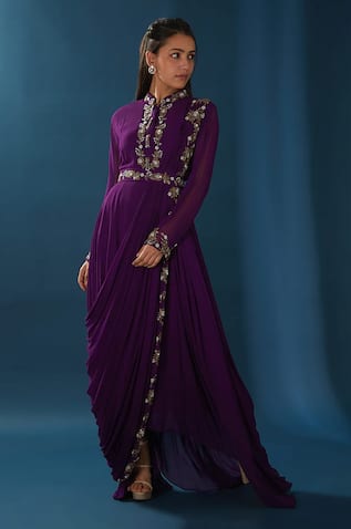 Placement Hand Embroidered Gown With Belt 