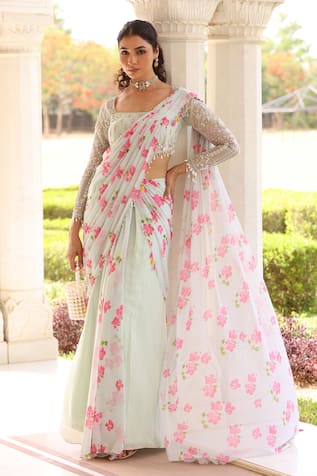 Manisha Soni Couture Floral Print Pre-Draped Saree With Blouse 