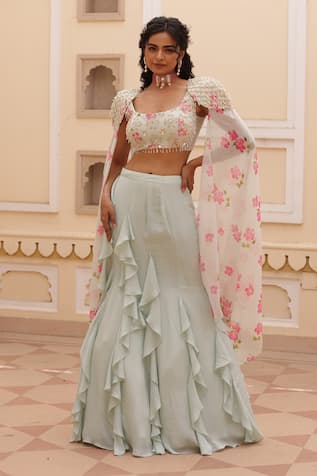 Manisha Soni Couture Embroidered Fish Cut Lehenga Set With Cape 