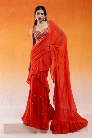 Redpine Designs Scarlet Embroidered Pre-Draped Ruffle Saree With Blouse 