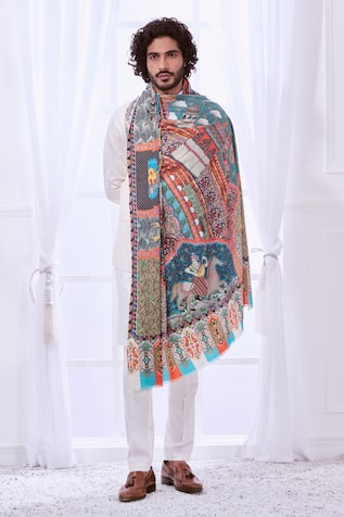 Taroob Kalamkari Mughal Darbar Print Shawl 