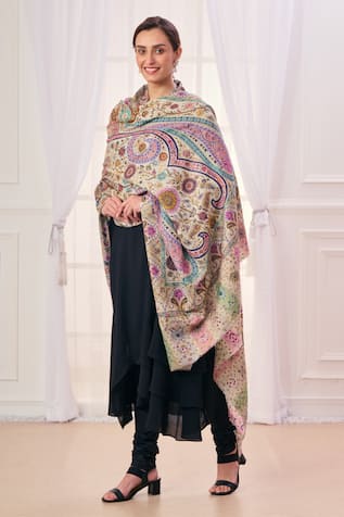 Taroob Floral & Paisley Kalamkari Embroidered Shawl 