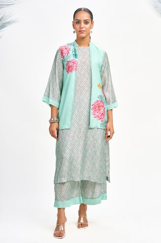 Tanu Malhotra Lotus Placement Print Jacket Kurta Set 