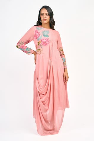 Tanu Malhotra Lotus Print Draped Dress 