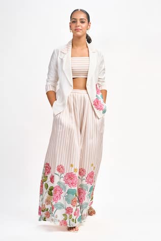 Tanu Malhotra Lotus Print Blazer Flared Pant Set 