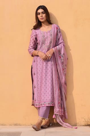 KARAJ JAIPUR Floral Stripe Print Kurta Set 