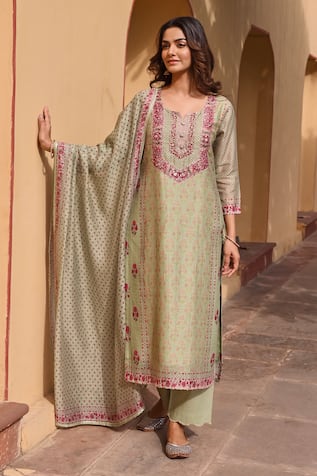 KARAJ JAIPUR Linen Bouquet Print Kurta Set 