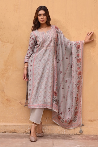 KARAJ JAIPUR Linen Printed Straight Kurta Set