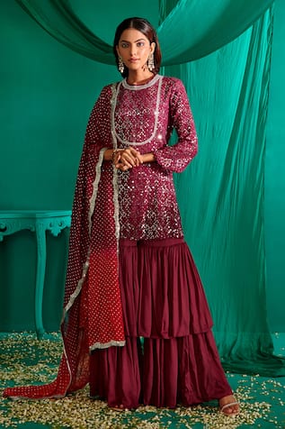 Mustard Moon By Neyha And Vrinda Sequin Embroidered Short Kurta Sharara Set 