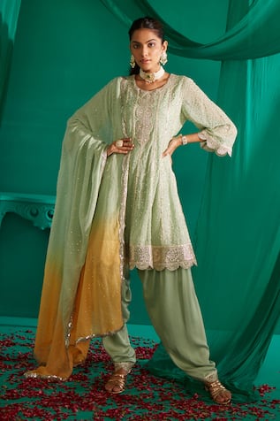 Mustard Moon By Neyha And Vrinda Mukaish Embroidered A-Line Kurta & Salwar Set 
