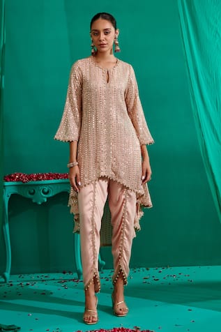 Mustard Moon By Neyha And Vrinda Mirror Embroidered Asymmetric Kurta With Tulip Pant 