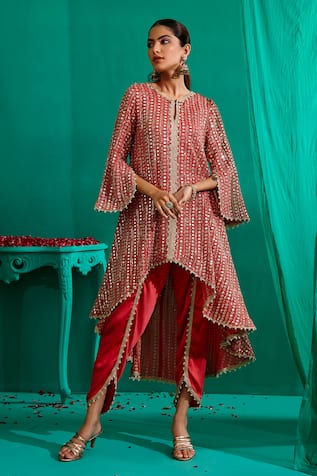 Mustard Moon By Neyha And Vrinda Asymmetric Mirror Embroidered Kurta With Tulip Pant 