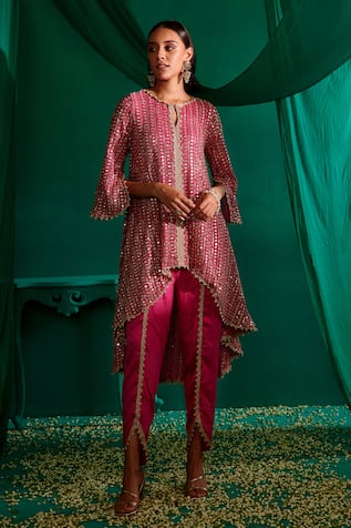 Mustard Moon By Neyha And Vrinda Asymmetric Mirror Work Kurta With Tulip Pant 