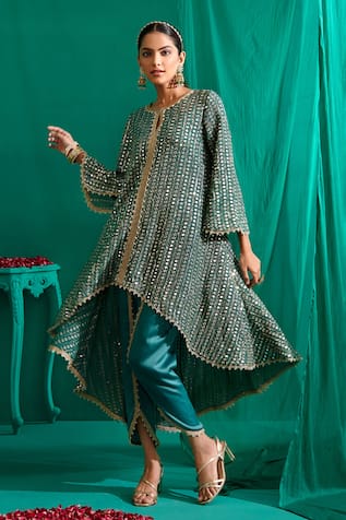 Mustard Moon By Neyha And Vrinda Ruffled Asymmetric Mirror Work Kurta & Tulip Pant 