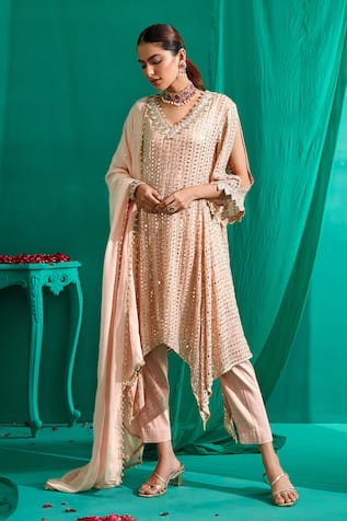 Mustard Moon by Neyha and Vrinda Asymmetric Mirror Embroidered Kurta Pant Set 