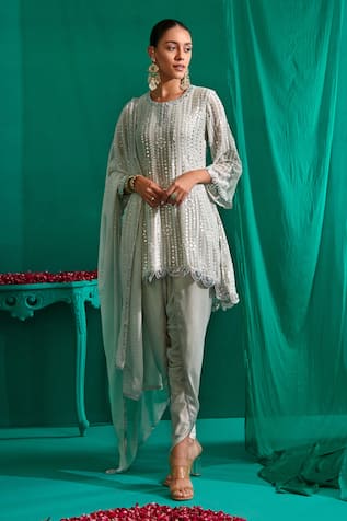 Mustard Moon by Neyha and Vrinda Mirror Embroidered Asymmetric Kurta & Dhoti Pant Set 