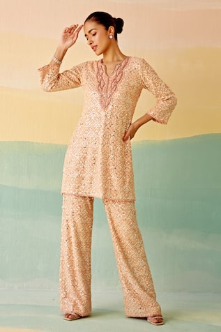 Mustard Moon by Neyha and Vrinda Mirror Work Tunic & Pant Set 