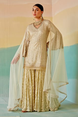 Mustard Moon by Neyha and Vrinda Mirror & Sequin Embroidered Kurta Sharara Set 