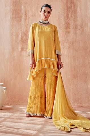 Mustard Moon by Neyha and Vrinda Mukaish Work Kurta Sharara Set 