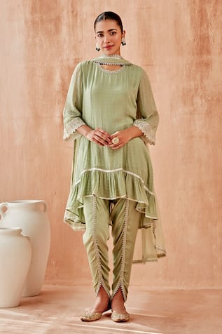 Mustard Moon by Neyha and Vrinda Mukaish Work High Low Kurta Tulip Pant Set 