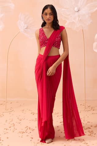 PARUL GANDHI Pre-Draped Saree With Hand Embroidered Blouse 