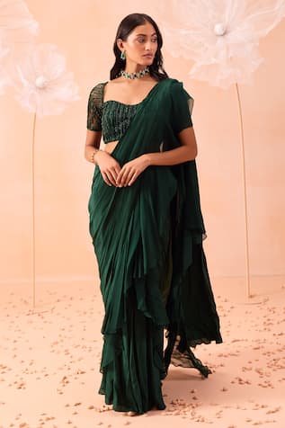 PARUL GANDHI Ruffle Pre-Draped Saree With Embroidered Blouse 