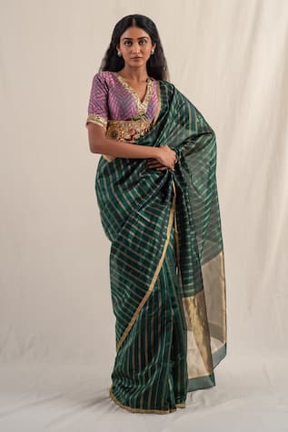 Priyanka Raajiv Yasti Zari Striped Work Saree With Unstitched Blouse Piece 