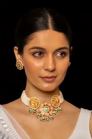 Shlok Jewels Floral Bloom Cutwork Kundan Embellished Choker Set 