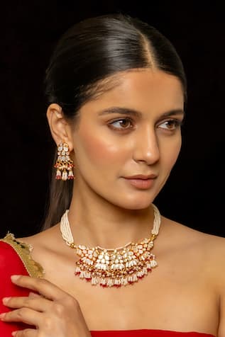 Shlok Jewels Lotus Carved Kundan Embellished Necklace Set 