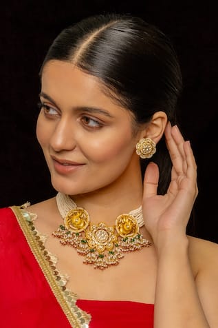 Shlok Jewels Flower Cutwork Stone Embellished Necklace Set 