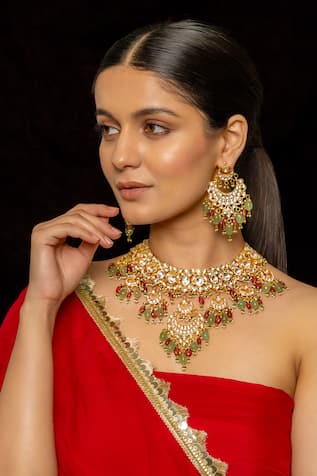 Shlok Jewels Half Crescent Carved Pendant Necklace Set 