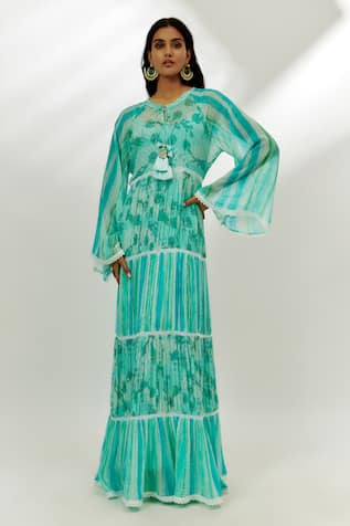 Nadima Saqib Floral Stripe Print Tiered Dress 