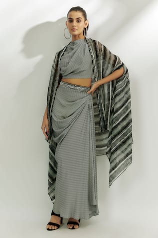 Nadima Saqib Stripe Print Cape Draped Skirt Set 