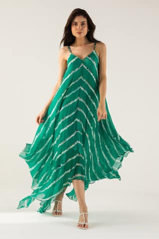 REENA SHARMA Advika Abstract Striped Print Asymmetric Maxi Dress 