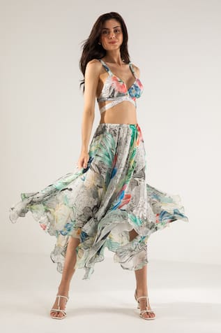 REENA SHARMA Advika Abstract Print Crop Top & Asymmetric Skirt Set 