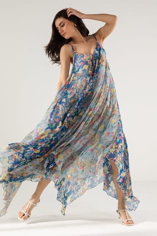 REENA SHARMA Bella Botanical Print Asymmetric Maxi Dress 