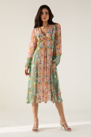 REENA SHARMA Bella Botanical Print Midi Dress 