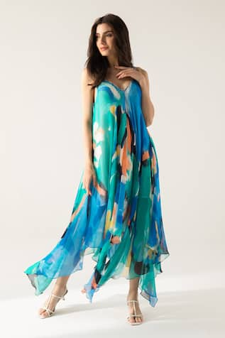 REENA SHARMA Mira Brushstrokes Print Asymmetric Maxi Dress 