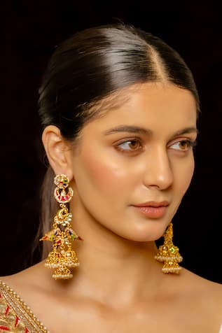 SHLOK JEWELS Panchi Paradise Kundan Studded Long Jhumka Earrings 