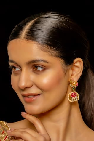 SHLOK JEWELS Elephant Carved Kundan Embellished Dangler Earrings 