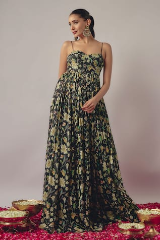 wildflower by krishna Midnight Bloom Print & Embellished Maxi Gown 