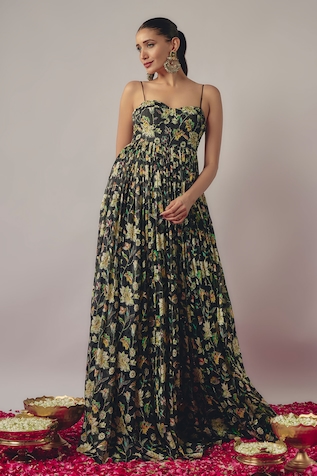wildflower by krishna Midnight Bloom Print & Embellished Maxi Gown