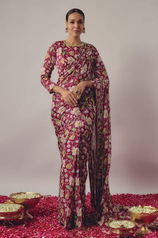 wildflower by krishna Garden Blossom Print & Embroidered Pre-Draped Saree With Blouse 