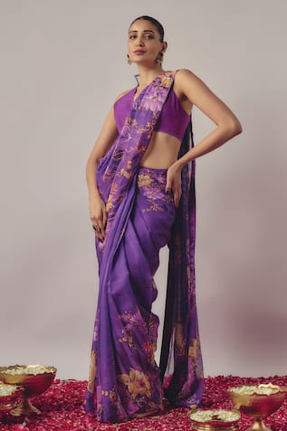 wildflower by krishna Botanic Bloom Print & Embroidered Pre-Draped Saree With Blouse 