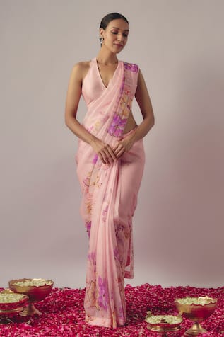 wildflower by krishna Botanic Floral Print & Embroidered Pre-Draped Saree With Blouse 