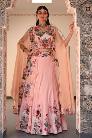 Label Deepshika Agarwal Floral Embroidered Lehenga Set With Cape 